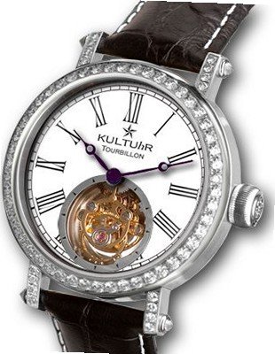 KULTUhR Fab Classic Tourbillon Full Set Diamonds with Black Roman Numerals on White Enamel-Styl