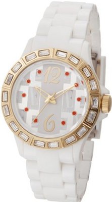 L by ELLE LE50003P01 White Plastic Stones Gold-Tone Bezel
