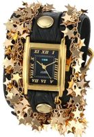 La Mer Collections LMCW6003 Black Gold Sparkling Stars Gold Square Case Black Dial 14k Gold-Plated Star Chains