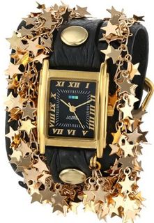 La Mer Collections LMCW6003 Black Gold Sparkling Stars Gold Square Case Black Dial 14k Gold-Plated Star Chains