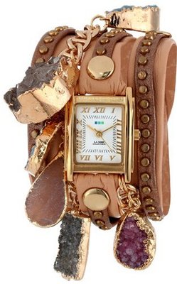 La Mer Collections LMDRUZYCW002 Orion's Belt Gold Square Case Coppertone Taupe Shimmer Gold Ball Strap Multi-Colored Druzy Crystals