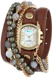 La Mer Collections LMMULTI2011 Positano Gold Chateau Case Cognac Layer Strap Indian Agate Pyrite 14K Gold-Plated Jewelry Chains