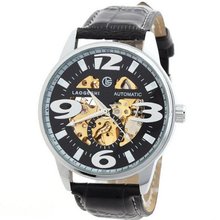 Laogeshi Fashion Classic Skeleton Leather Band  Mechanical Wrist Black