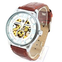 Laogeshi Fashion Classic Skeleton Leather Band  Mechanical Wrist Brown