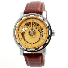 Laogeshi Fashion Classic Skeleton Leather Band  Mechanical Wrist Brown
