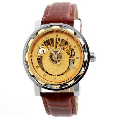 Laogeshi Fashion Classic Skeleton Leather Band  Mechanical Wrist Brown