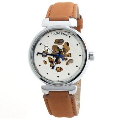 Laogeshi Fashion Classic Skeleton Leather Band  Mechanical Wrist White
