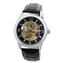 Laogeshi Fashion See Through Skeleton Black Band   Mechanical Wrist
