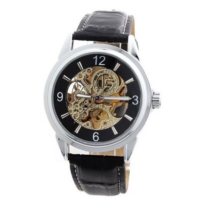 Laogeshi Fashion See Through Skeleton Black Band   Mechanical Wrist