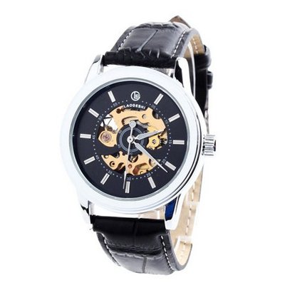 Laogeshi Fashion See Through Skeleton Black Band   Mechanical Wrist