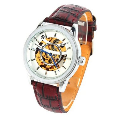 Laogeshi Fashion See Through Skeleton Brown Band   Mechanical Wrist White