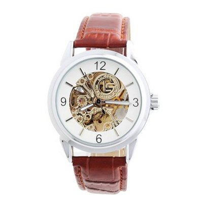 Laogeshi Fashion See Through Skeleton Brown Band   Mechanical Wrist