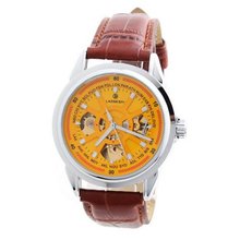 Laogeshi See Through Skeleton Golden Dial Brown Band   Mechanical Wrist