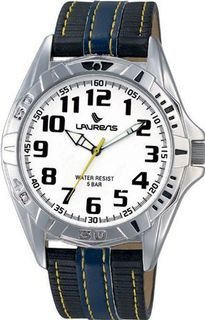 Laurens VX74J901Y Sporty Analog White Dial Black Textured Leather with Topstitch Luminous