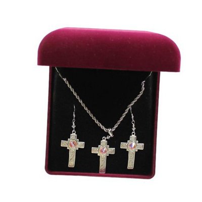 Lightning Ridge 30260 Crystal Center Cross Jewelry Set Silver