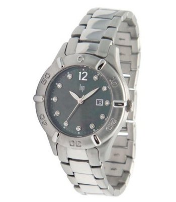 Lip Style Analogue Quartz 10839322 Silver Steel Bracelet Black Dial