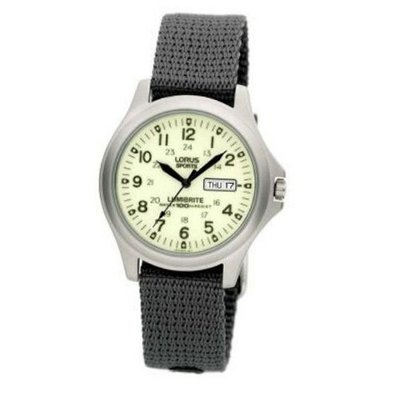 Lorus Gents Analogue Lumibrite Day-Date Grey Nylon Strap RXF41AX7