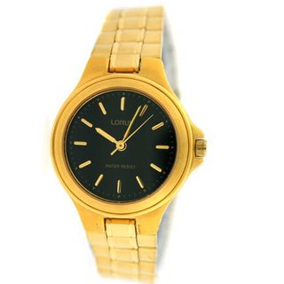 Lorus Ladies Classic Gold Tone Metal Link Satin Finish Band Black Dial SALE