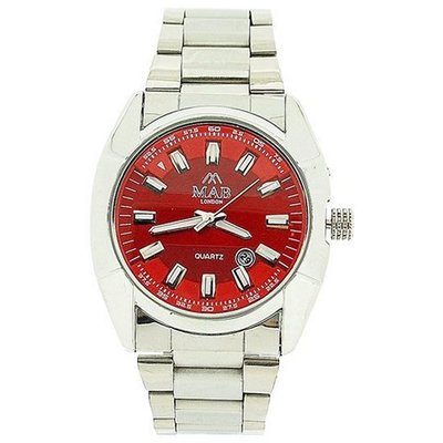 Mab London Calendar 2 Tone Red 3D Dial Silver Tone Metal Strap Dress
