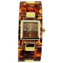 Mab London Ladies Brown Dial Brown Plastic & Yellow Gold Tone Square Strap