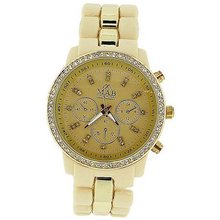 Mab London Ladies Stone Set Beige Dial Beige & Gold Tone Rubberised Strap