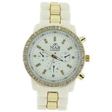 Mab London Ladies Stone Set White Dial White & Gold Tone Rubberised Strap