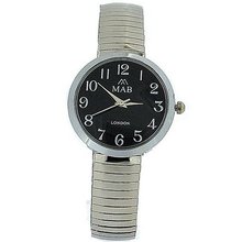 Mabz London Silver Tone Dome Shape Black Dial Ladies Expander Strap EXPS25
