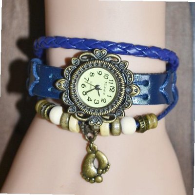 MagicPiece Handmade Vintage Style Leather For  Footprints Pendant and Wooden Beads in 4 Colors: Blue