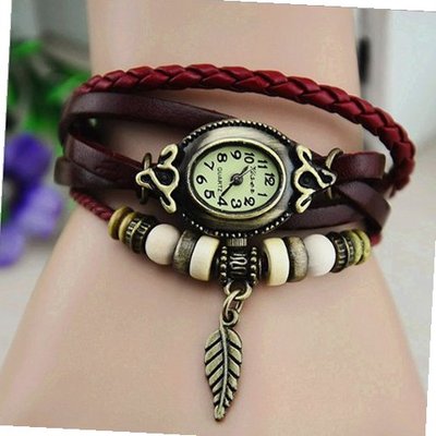MagicPiece Handmade Vintage Style Leather For  Oval Shape with Leaf Pendant and Wooden Beads in 3 Colors: Dark Wine Red