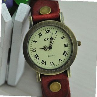 MagicPiece Handmade Vintage Style Leather For  Round Dial with Cow Leather Belt in 5 Colors: Red