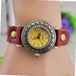 MagicPiece Handmade Vintage Style Leather For  Sunflower Dial with Leather Belt in 3 Colors: Red