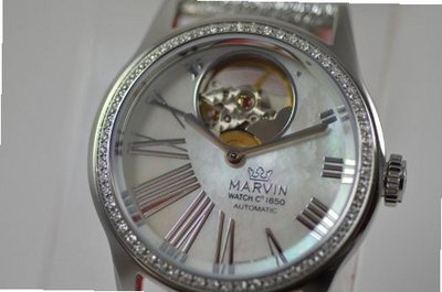 Ladies Marvin Diamond Open Heart Swiss Automatic Mother of Pearl Dial Silver Leather Strap