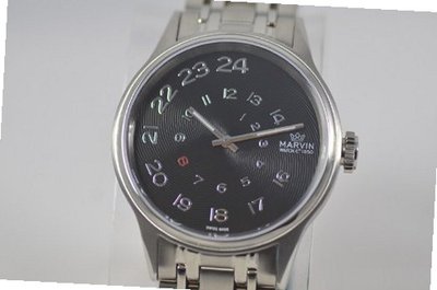 Ladies Marvin Exotic Spiraling Black Dial Stainless Steel Swiss Made Dress