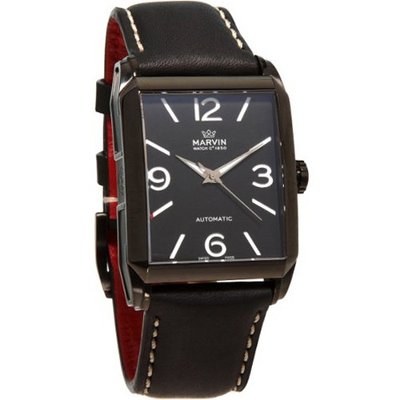 Marvin Malton 160 Black Rectangular Automatic Swiss Made Black Dial Leather