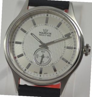 Marvin Silver Textured Dial Swiss Made Quartz Black Leather Strap