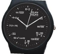 "Math Blackboard Dial" Shows Math Equations At Each Hour Indicator of the Round Black Plastic with Black Plastic Strap.