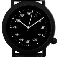 "Math Blackboard Dial" Shows Square Root At Each Hour Indicator of the Round Black Metal with Black Leather Strap and Black Buckle