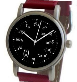 "Math Dial" Shows Math Equations At Each Hour Indicator on the Black Dial of the Brushed Chrome with Red Leather Strap