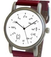 "Math Dial" Shows Math Equations At Each Hour Indicator on the White Dial of the Brushed Chrome with Red Leather Strap