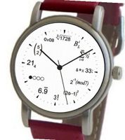 "Math Dial" Shows Physics Equations At Each Hour Indicator on the White Dial of the Brushed Chrome with Red Leather Strap