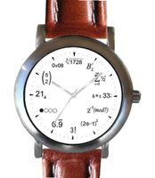 "Math Dial" Shows Physics Equations At Each Hour Indicator on the White Dial of the Brushed Chrome with Light Brown Padded and White Stitched Leather Strap
