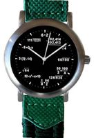 "Math Dial" Shows Pop Quiz Equations At Each Hour Indicator on the Black Dial of the Brushed Chrome with a 2-tone Green Nylon and Leather Strap