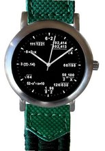 "Math Dial" Shows Pop Quiz Equations At Each Hour Indicator on the Black Dial of the Brushed Chrome with a 2-tone Green Nylon and Leather Strap
