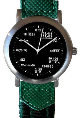 "Math Dial" Shows Pop Quiz Equations At Each Hour Indicator on the Black Dial of the Brushed Chrome with a 2-tone Green Nylon and Leather Strap