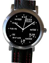 "Math Dial" Shows Pop Quiz Equations At Each Hour Indicator on the Black Dial of the Brushed Chrome with Black Leather Strap and Red Stitching