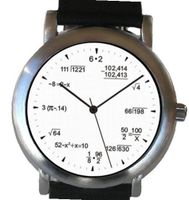 "Math Dial" Shows Pop Quiz Equations At Each Hour Indicator on the White Dial of the Brushed Chrome with Black Leather Strap