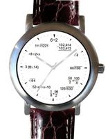 "Math Dial" Shows Pop Quiz Equations At Each Hour Indicator on the White Dial of the Brushed Chrome with Brown Croc Design Leather White Stitched Strap