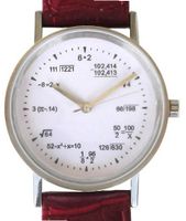 "Math Dial" Shows Pop Quiz Equations At Each Hour Indicator on the White Dial of the Classic Round Polished Chrome with Red Leather Croc Design Strap