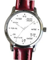 "Math Dial" Shows Pop Quiz Equations At Each Hour Indicator on the White Dial of the Large Polished Chrome with Brown Leather Padded and Stitched Strap