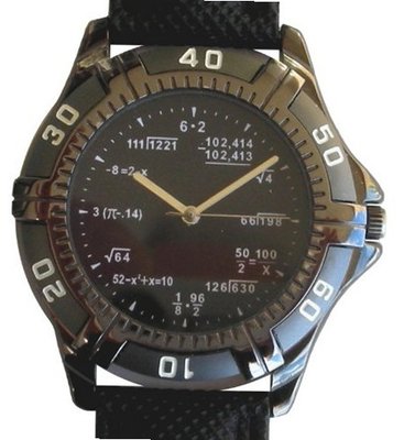 "Math Dial" Shows Pop Quiz Math Equations At Each Hour Indicator on the Black Dial of the 2-tone Matte Black and Polished Black Metal Sport with Turning Elapsed Time Bezel and Black Grain Rubber Strap